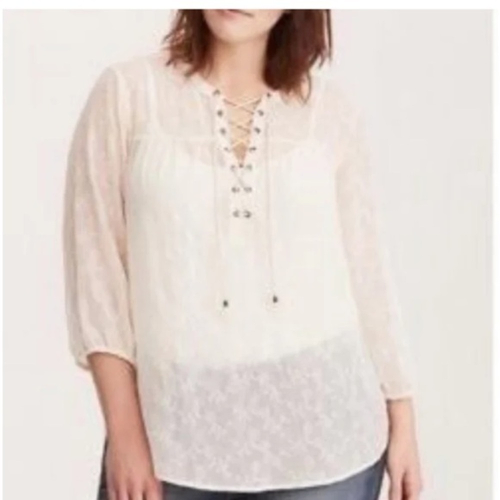 Women’s torrid 2 Ivory Lace Up Sheer Chiffon Embroidered Tunic Top 18 20 XXL